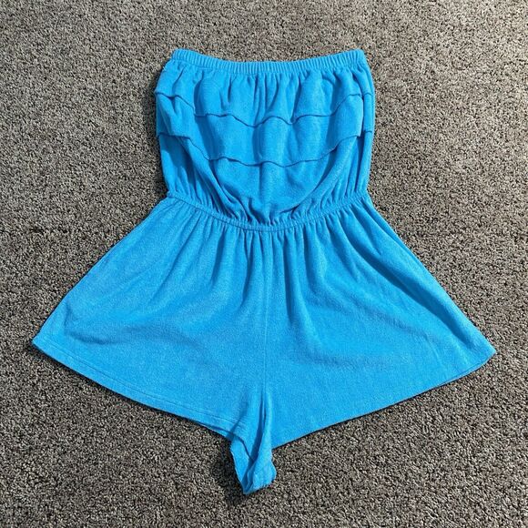 Vintage Pants - VTG TERRY CLOTH TUBE TOP ROMPER Shorty Shorts SWIM COVER Up Strapless Blue